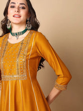 Women Mustard Silk Blend Embroidered Anarkali Kurta Palazzo Set With Dupatta